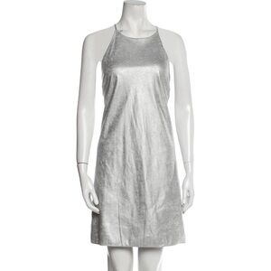 H Halston Metallic Crackle Silver High Neck Halter Mini Cocktail Dress EUC Sz 6